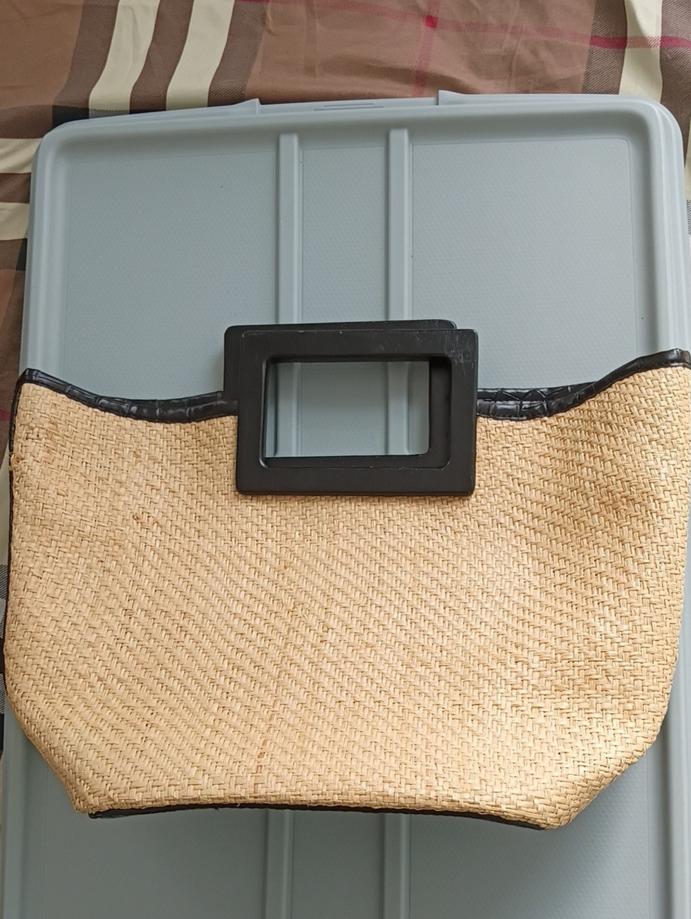 Handwoven Straw Tote with Black Trim and Rectangular Handles